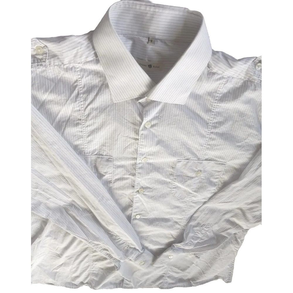 Stone Rose‎ Button Down Long-sleeved Button Up Men Shirts 6 Striped Pocket White